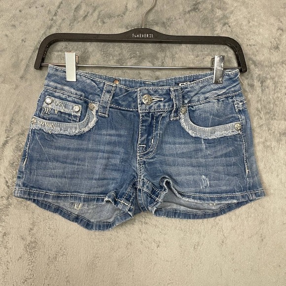 Y2K Western Denim Low Rise Distressed Bling Pocket Shorts 26 Rodeo Country - Picture 1 of 6